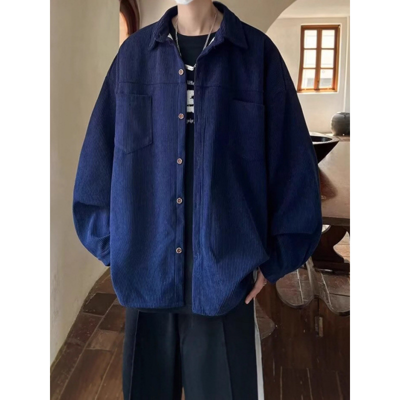 Corduroy Long-Sleeved Shirt for Men, Spring and Autumn Trendy Fashion Lapel Top, Youth Loose Casual Shirt Jacket