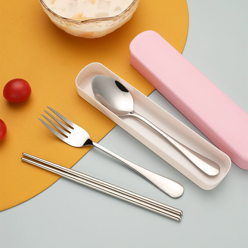 Handheld tableware stainless steel, travel set for elementary school students, storage box, chopsticks, 3 piece set, wholesale