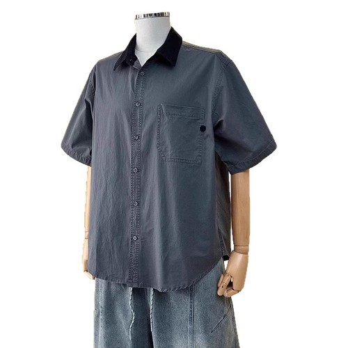 Japanese-style retro patchwork color-blocked collarless short-sleeve shirt for men, summer youth casual half-sleeve top, simple design