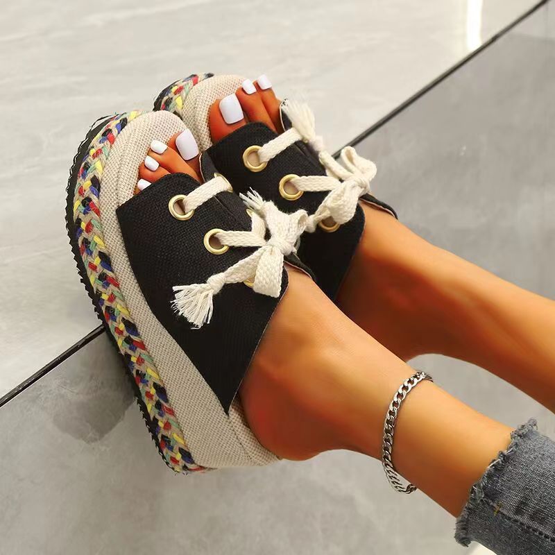 straw summer sandals with shoelaces heels