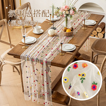 跨境热销款法式网纱桌旗餐桌长条盖布活动布置高级氛围感桌旗代发