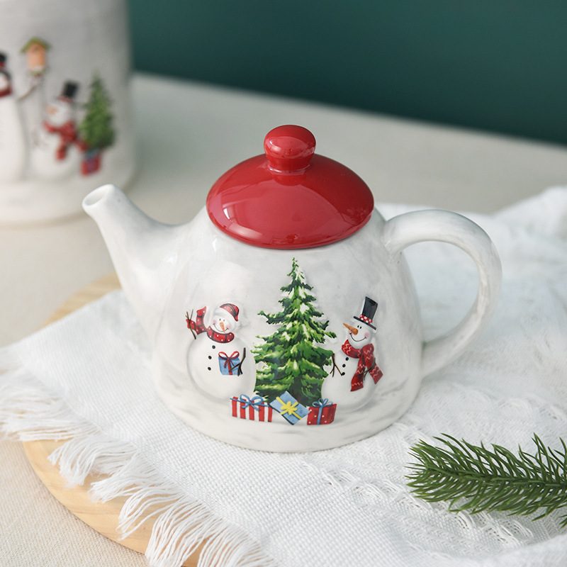 País nórdico Navidad muñeco de nieve tetera de cerámica porcelana blanca tetera de té de la tarde cafetera de estilo occidental vajilla en relieve