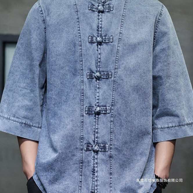2025 New Men's Chinese Style Denim Jacket with Three-Quarter Sleeves, Button-Down Stand Collar Shirt, Japanese Retro Large Size Jacket