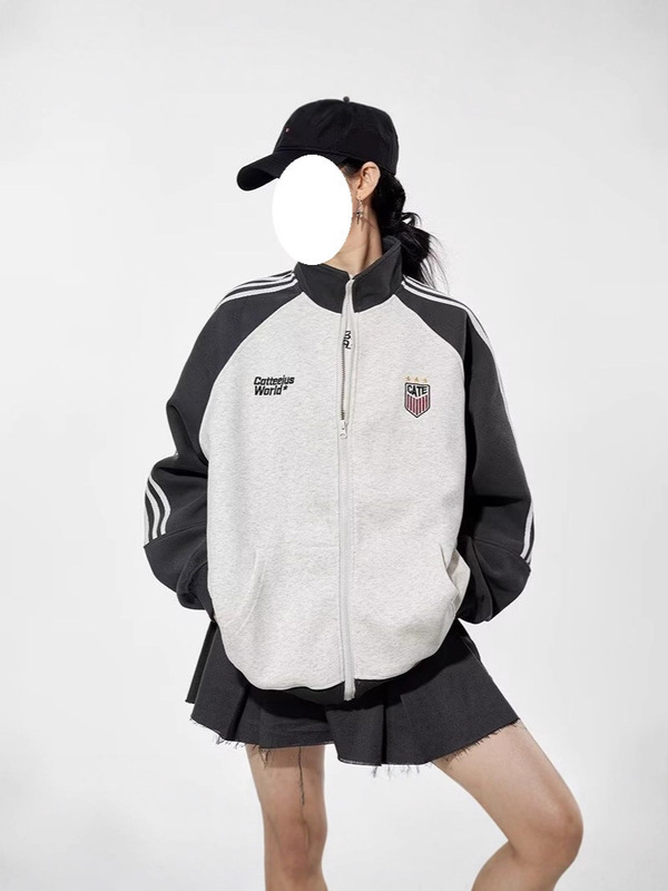 美式街头复古刺绣棒球服加绒情侣卫衣运动风潮宽松休闲三条杠开衫|undefined