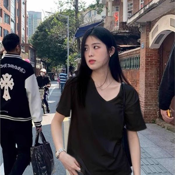 Pure Cotton White Right Shoulder V Neck Short-Sleeved T-Shirt for Women in Summer Loose Lazy Style Chic Bottoming Casual Versatile Top