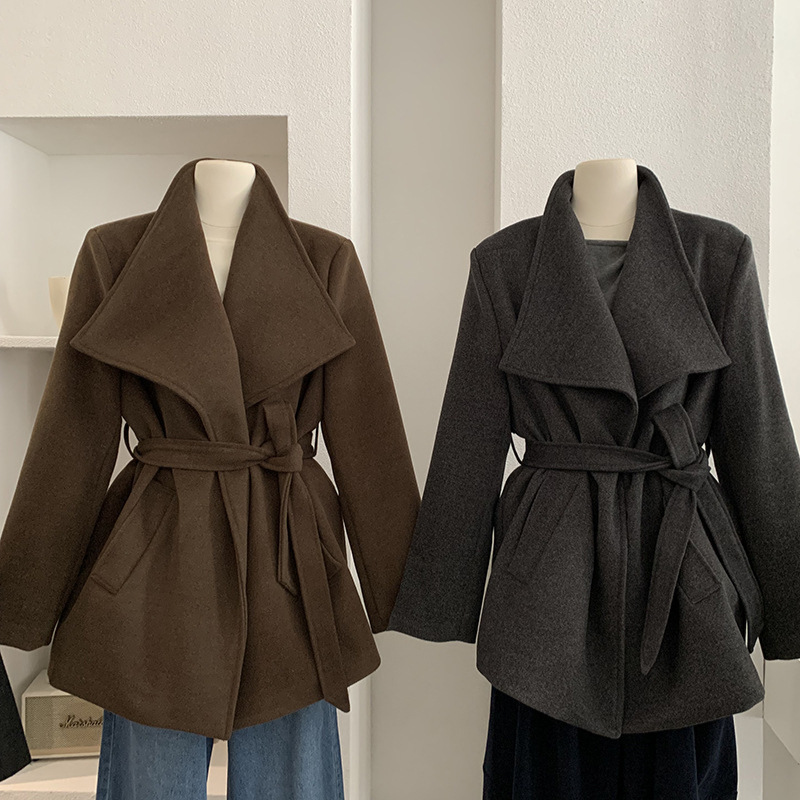 Omalai Large Lapel Lace-Up Waist Slimming Look Mid-Length High-End Elegant Woolen Outwear Jacket for Women 5238