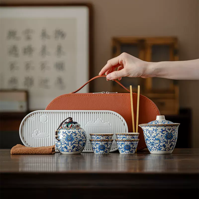 汝窑便携式旅行茶具小套装户外泡茶壶陶瓷茶杯快客杯一壶四杯