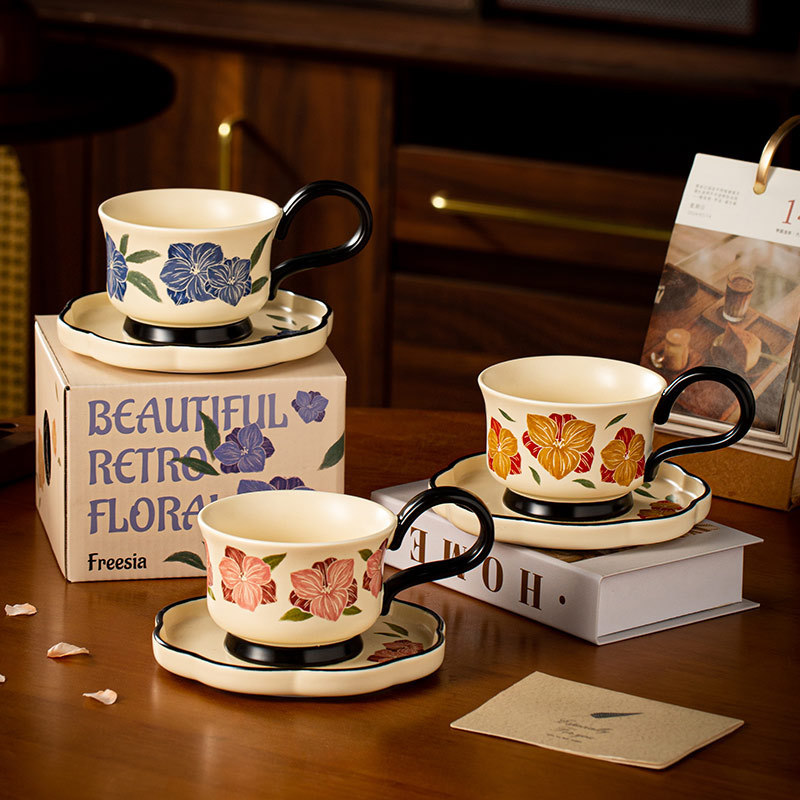 Vintage high-footed afternoon tea cup with gift box, antique ceramic coffee cup with handle, luxury water cup with high aesthetic value for friends