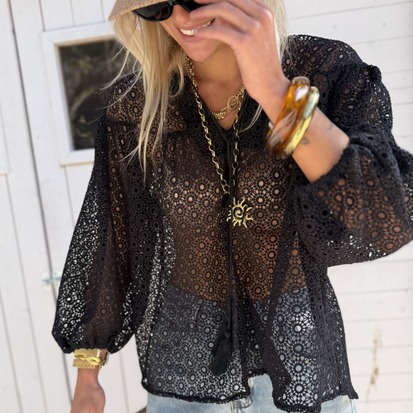 Bohemia comercio exterior transfronterizo ropa de mujer jacquard perspectiva camisa de manga larga femenina europea y americana blusa suelta francesa