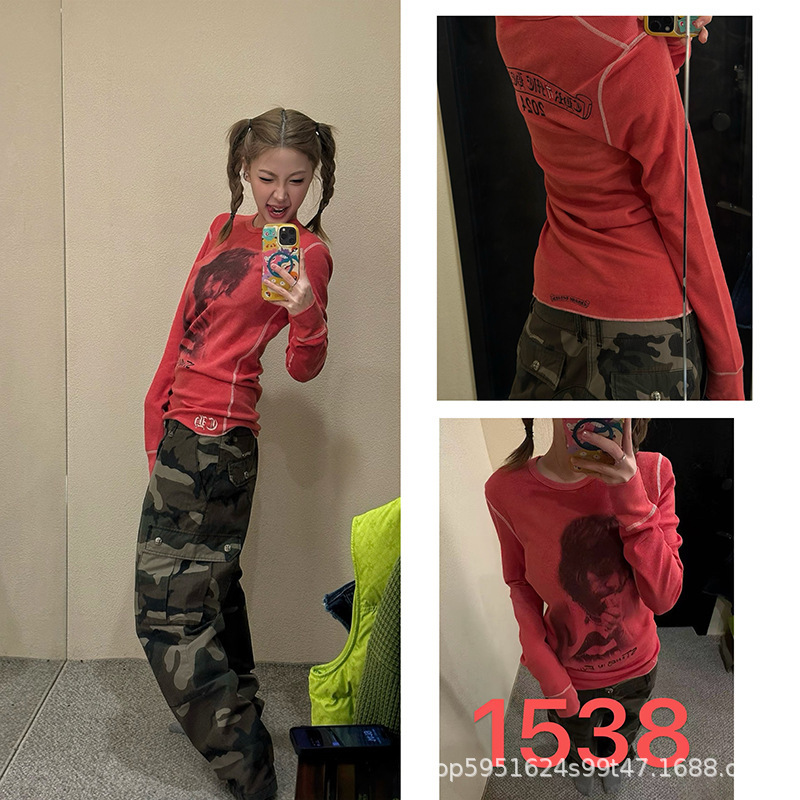 In Stock Now! 26Ss Rolling Stones Portrait Print Waffle Long-Sleeve T-Shirt Top for Women In Stock Now! 26Ss Rolling Stones Portrait Print Waffle Long-Sleeve T-Shirt Top for Women