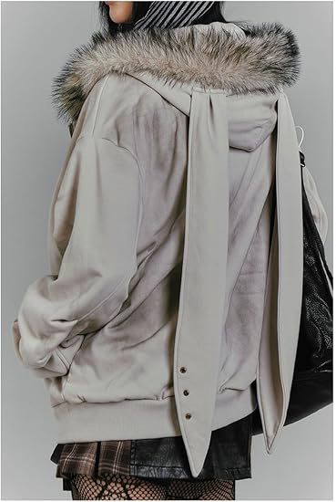 Autumn Winter Season American Street Style Fur Collar Rabbit Ear Zipper Hooded Sweatshirt Jacket Y2K Print Women's Top_voghion.com