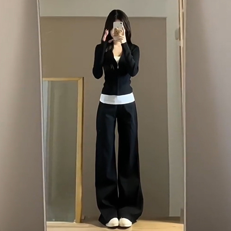 辣妹黑色休闲运动套装女秋修身显瘦长袖上衣内搭吊带阔腿裤三件套|undefined
