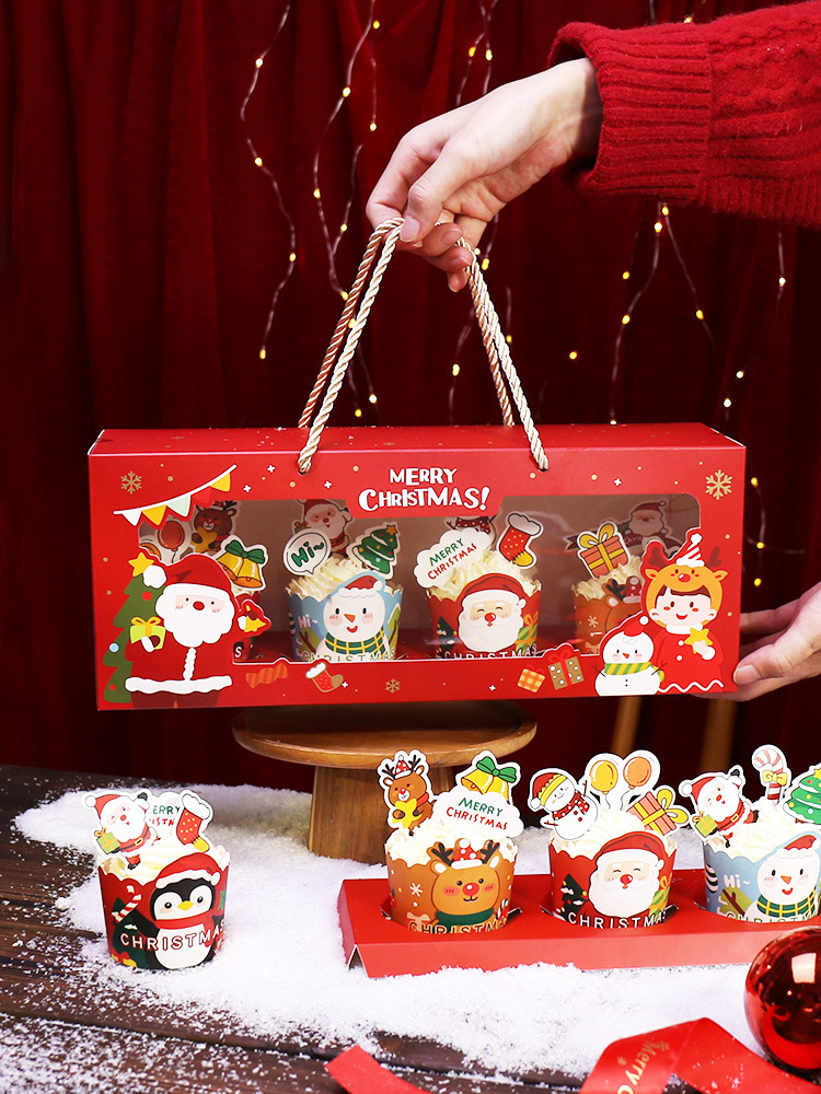新款圣诞节4粒纸杯蛋糕包装盒创意手提礼品盒马芬杯盒子纸袋烘焙