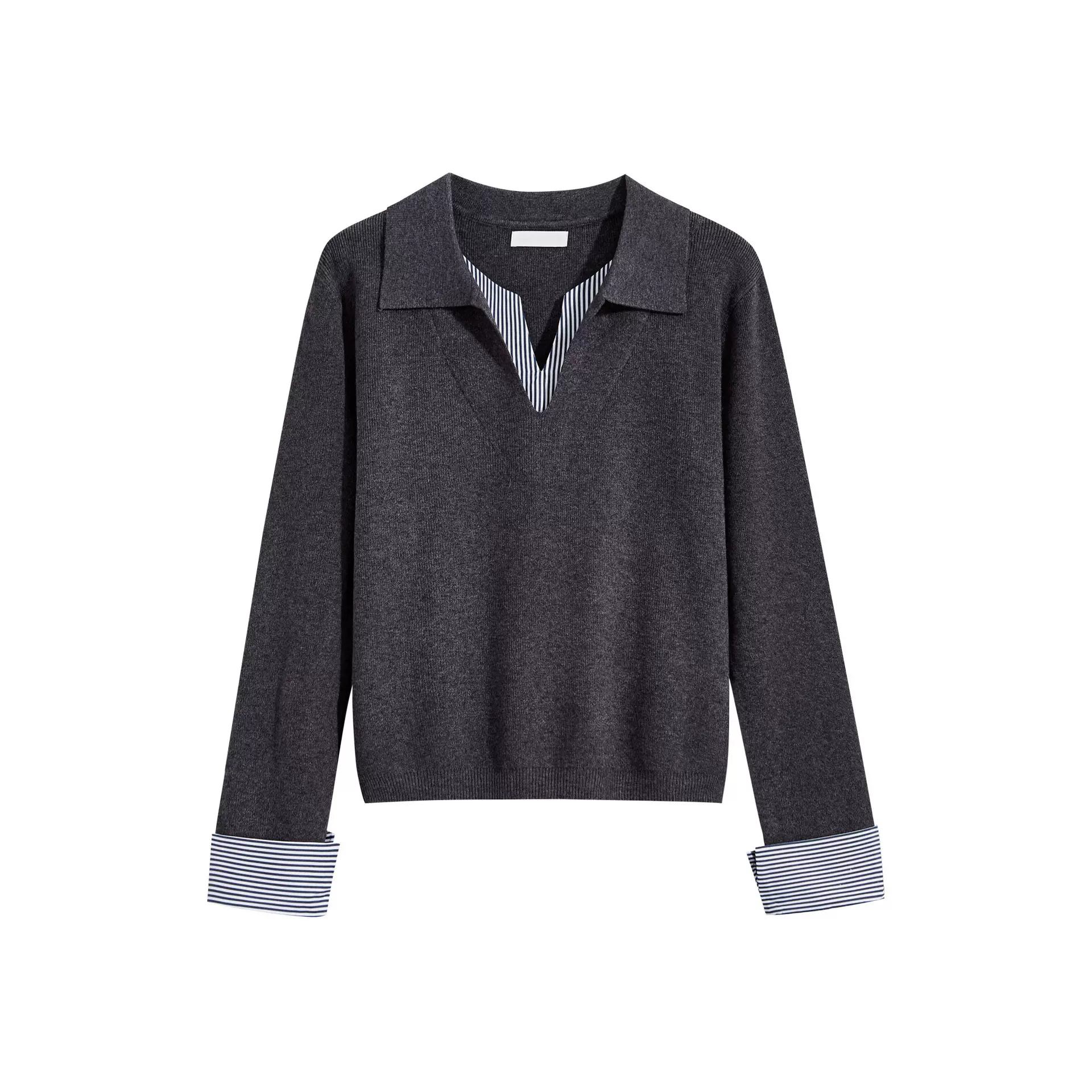 韩系拼接条纹衬衫袖口POLO领针织衫秋冬新款假两件毛衣女气质上衣