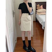 『七月自制』夏季新款白色高腰显瘦中裙A字开叉半身裙