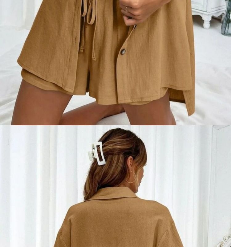 Casual Women's Shorts Set Two Piece Solid Colour Summer Outfit_voghion.com