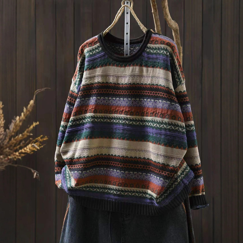 2025 Autumn Retro Color Striped Cotton Sweater Women's Artistic Contrast Color Curled Round Neck Loose Casual Sweater