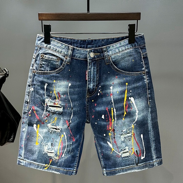Splash Ink Hole Denim Shorts Men's Trendy Brand Slim-Fit Small Foot Summer Thin Korean Style Trendy All-Match Pants