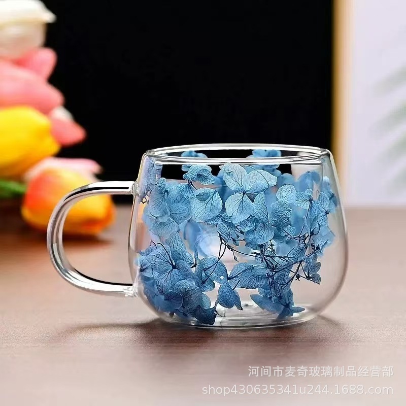 既製品のクリエイティブな二層ドライフラワーカップ、小さくて丸い楽しいドリンクカップ、人気の取っ手付きミルクカップ、高ホウケイ酸ガラスの本物の花カップ|undefined