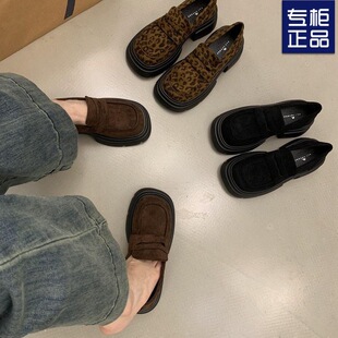 Retro Leopard Print One-Leg British Style Loafers 2025 New Thick-Soled Height-Increasing Small Leather Shoes Square-Toe Fashion Shoes