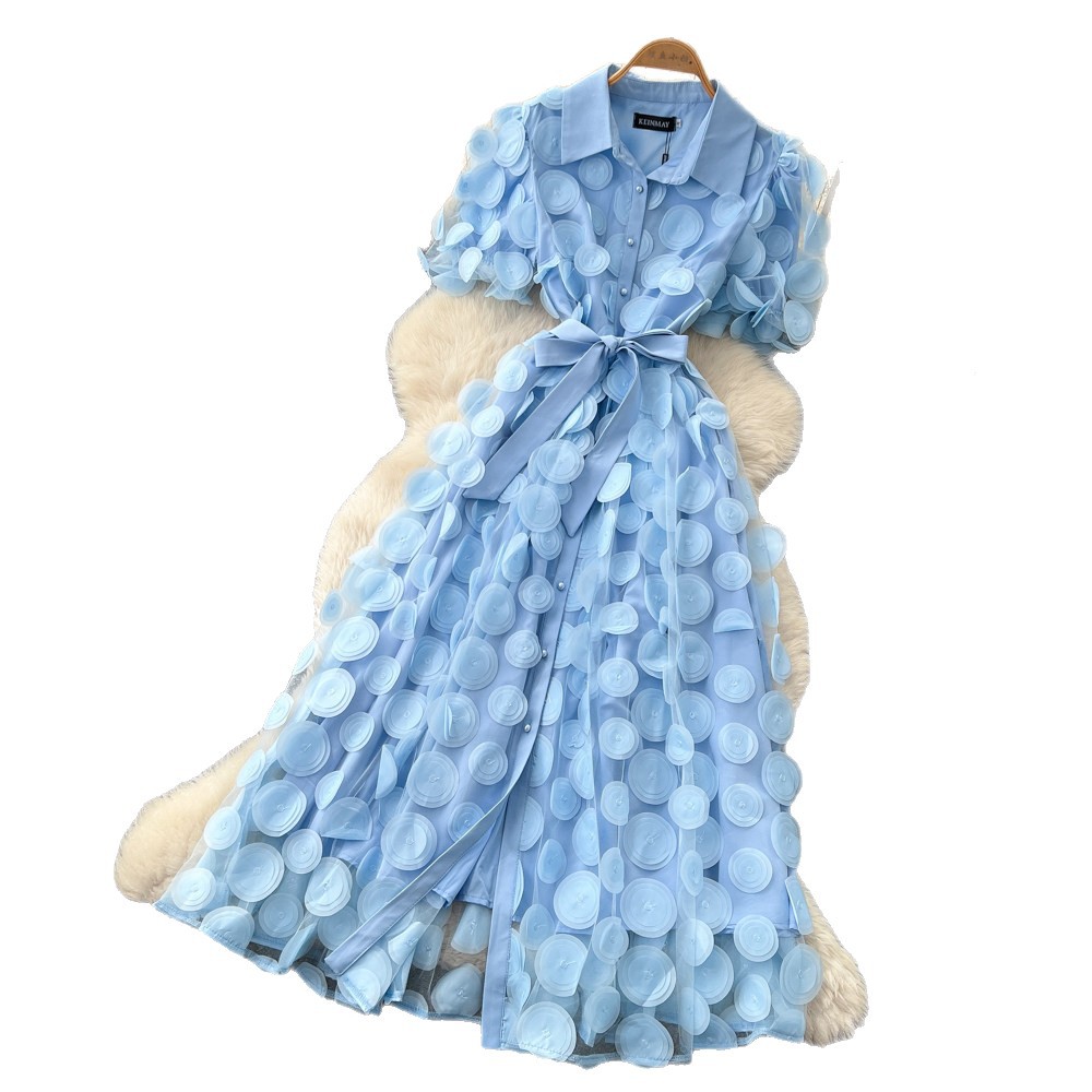 Elegant French Style Lace Dress for Women Summer Short Sleeve A-Line Skirt Tie Waist Sophisticated Lapel_ecoleips.com