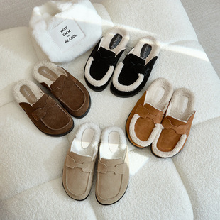 Plush shoes cotton-padded shoes fleece-lined thickened closed toe half slippers women's outer wear 2023 autumn and winter New lazy Boken Boken shoes