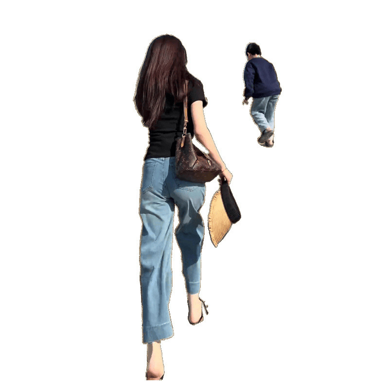 薄い色のまっすぐな筒の9分のジーパンの女性の夏の薄い金の年の新型のゆったりしている小さい背の狭い版の広い足のズボン|undefined