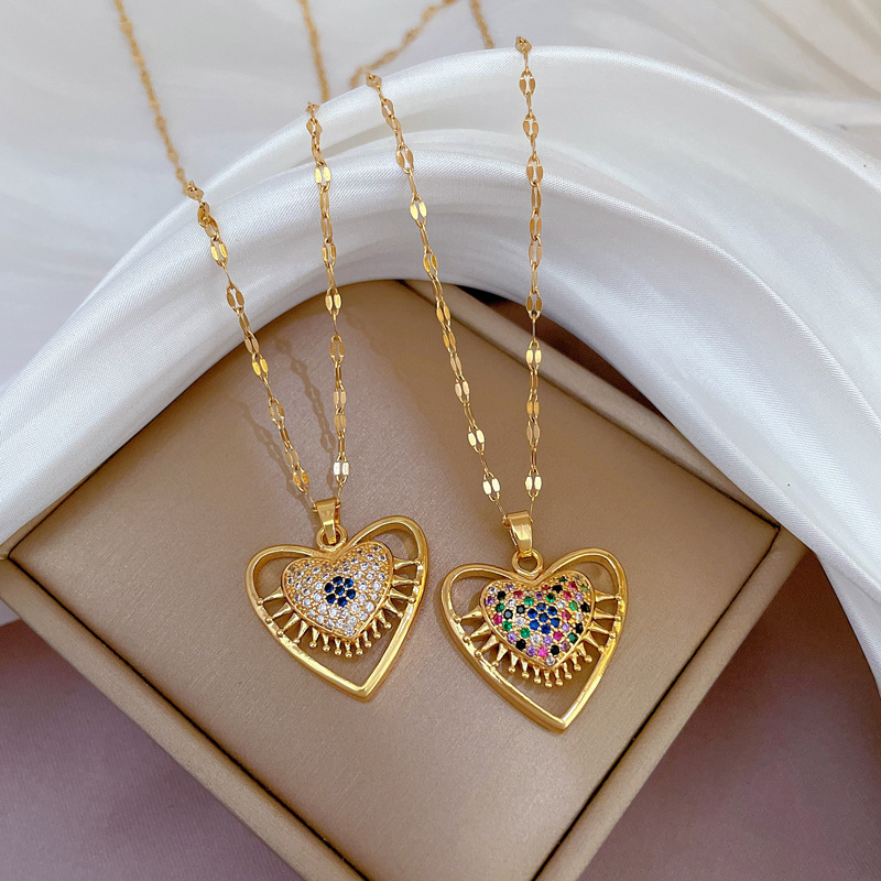 Ethnic Style Heart Shape Eye Titanium Steel Plating Hollow Out Inlay Zircon Pendant Necklace 1 Piece