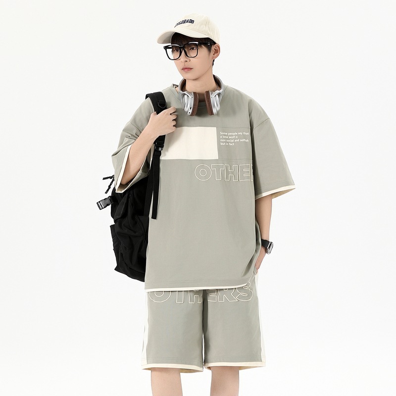 Traje informal holgado de manga corta para hombre, pantalones cortos de manga corta con conjunto de dos piezas, color contrastante, fresco, de verano