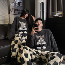 秋冬季珊瑚绒情侣睡衣女款加绒加厚卡通男士新款法兰绒冬天家居服