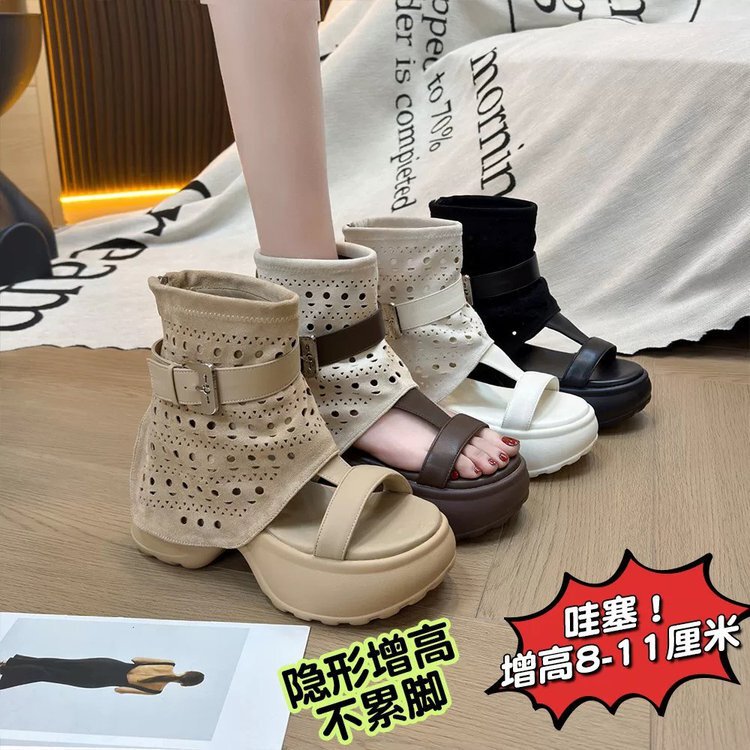 Hollow-Out Thick-Soled Short Boots for Women, Summer 2026, Round-Toe, 8cm Height Increase, Breathable Lightweight Roman Sandals for Petite Individuals