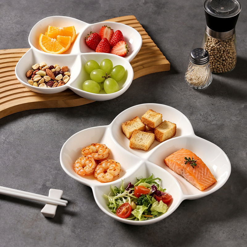 Ceramic Four-Compartment Plate for Braised Food, Four-Compartment Dessert and Fruit Plate, Household White High-Temperature Steaming Plate