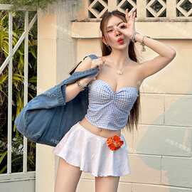 新款少女感抹胸格纹褶皱系带背心纯欲分体裙式三件套泳衣女bikini