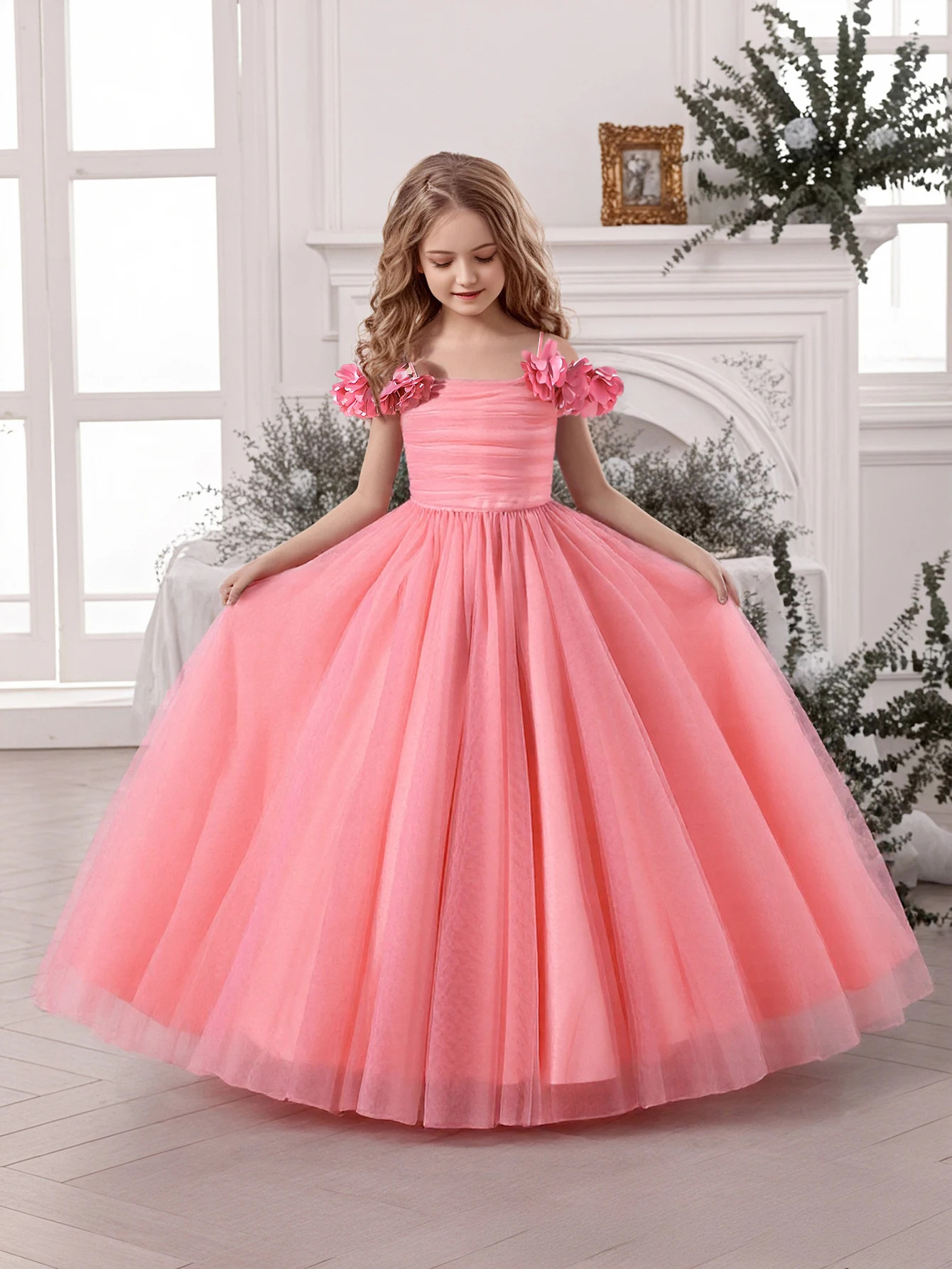 Rosa schulterfreies Abendkleid im Prinzessinnen-Stil mit Puffärmeln – süß und niedlich – perfekt für Geburtstagsfeiern mit Klavierbegleitung_voghion.com