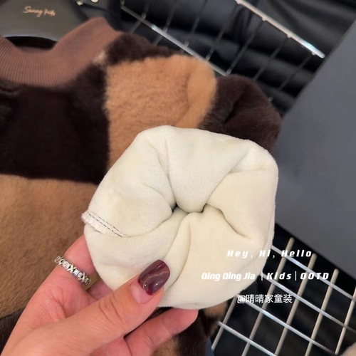 Children's stylish cozy crewneck sweater for autumn and winter, unisex, with added padding for warmth, faux rabbit fur material, grid pattern