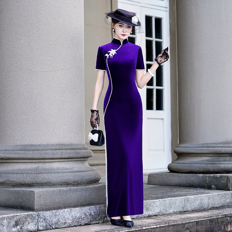 Velvet Cheongsam 2026 New Model Purple Long-Sleeved High-End Elegant Stage Performance Costume for Middle-Aged and Elderly Women Spring