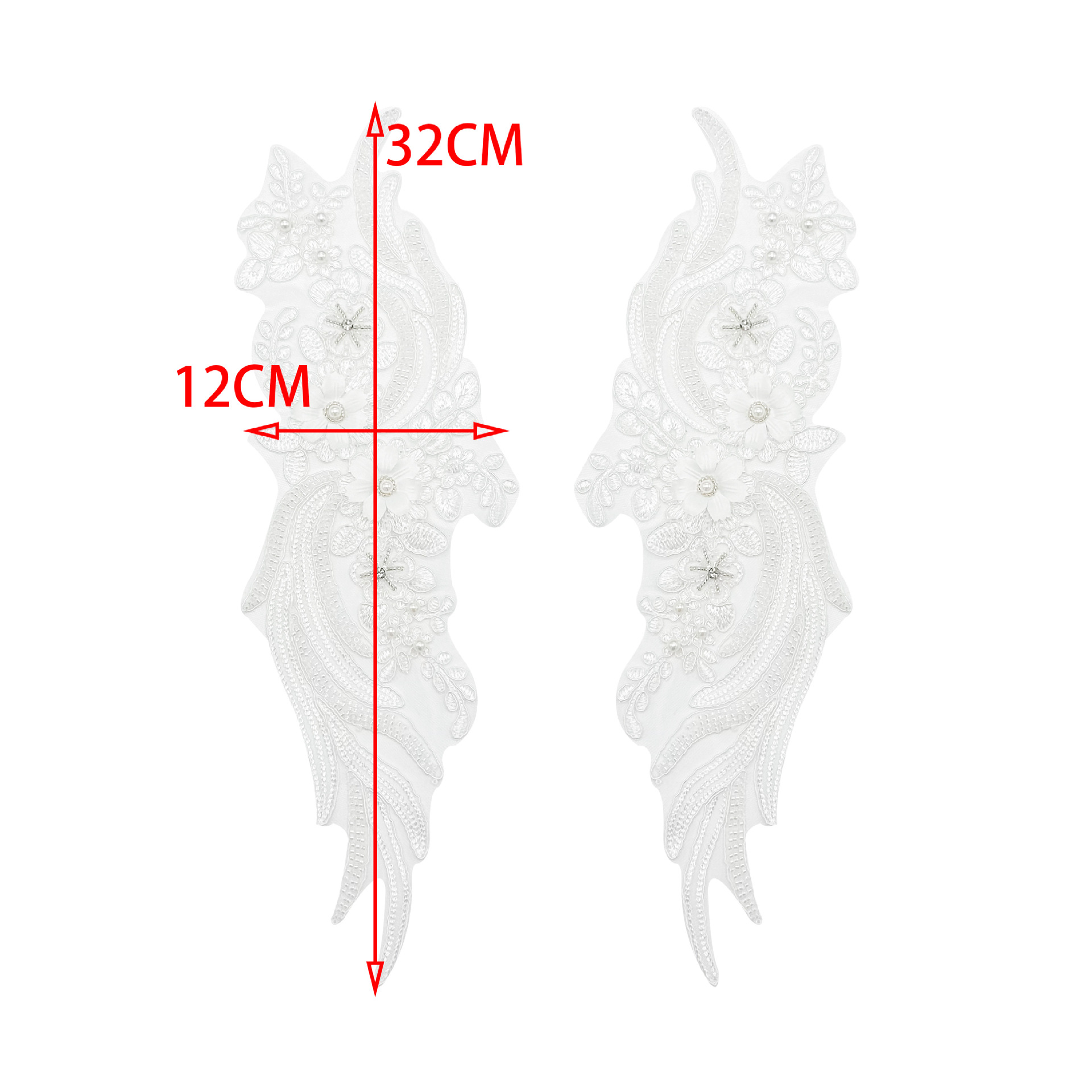 Cuentas de trabajo pesado 3D decal de encaje blanco plumas flor parche vestido de boda accesorios DIY 32cm de largo image 5