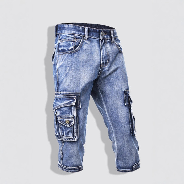 Verano Delgado estiramiento multi-Bolsillo ropa de trabajo recortada Pantalones slim fit Denim shorts recortados pantalones casuales jeans hombres