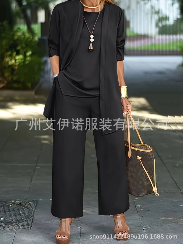temu.卖现货纯色开叉圆领无袖背心上衣长袖开衫外套阔腿裤套装女|undefined