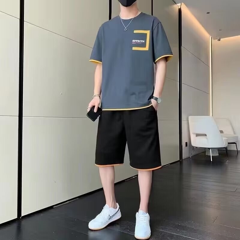 Men's Casual Sports Suit, Summer Loose-Fitting, Affordable Two-Piece Set, Faux Two-Piece Short-Sleeve T-Shirt and Shorts Outfit