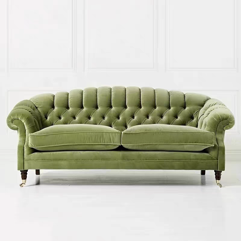 French-Style Retro Light Luxury Velvet Fabric Sofa with Button-Tufted Design, Vintage Ins Designer Small Apartment Famous Three-Seater Sofa