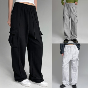 2022 Amazon European and American Autumn and Winter Versatile Casual Pocket Drape Sweatpants with a Unique Design, Long Wide-Leg Pants for Women