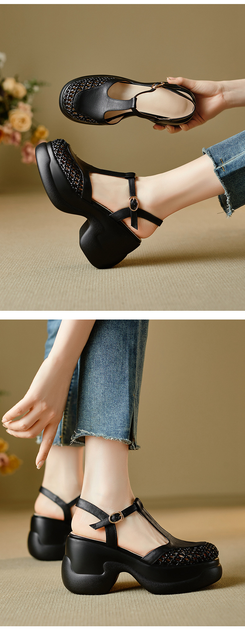 Sandal nữ quai chữ T đế xốp dày phong cách La Mã — đen chi tiết 4