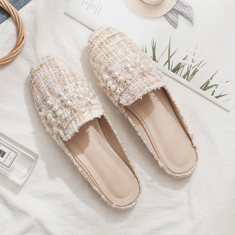 2024 Summer Pearl Baotou Large Size 43 Small Fragrant Style Flat Half Slippers Women's Summer Outer Wear Sandals and Slippers Women's Shoes 2024 Summer Pearl Baotou Large Size 43 Small Fragrant Style Flat Half Slippers Women's Summer Outer Wear Sandals and Slippers Women's Shoes