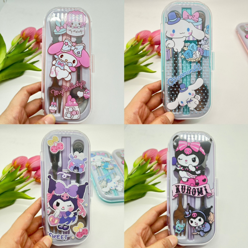 Caja de dibujos animados cubiertos de tres piezas set de alto valor visual para estudiantes de la escuela primaria Kulomi cucharas portátiles de acero inoxidable tenedores palillos