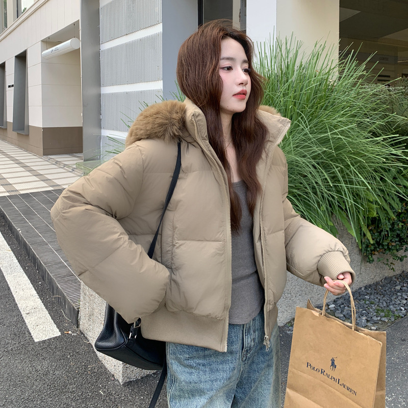 2025小个子新款收腰版羽绒棉服女冬季短款白色修身可拆卸毛领外套|undefined