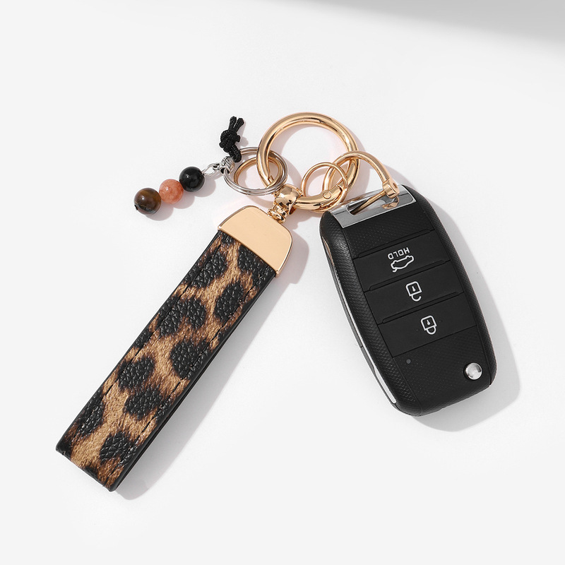 Cross-Border Leopard Print Pu Leather Car Keychain Car Key Case Anti-Lost Pendant Accessory Leather Keychain
