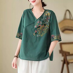 民族風女装夏vネック刺繍綿麻シャツ上着2025新型レトロゆるい大サイズ軽薄シャツ