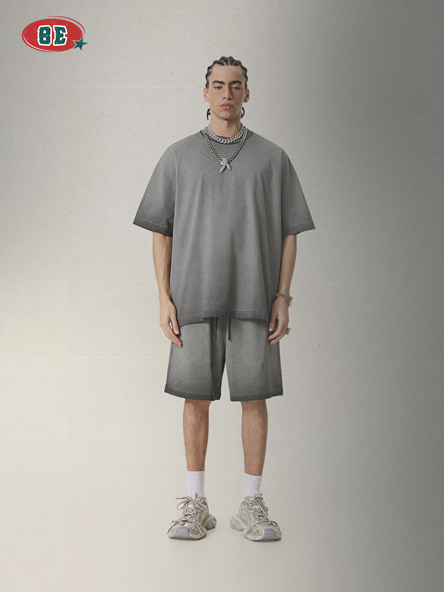 BE ropa de hombre | 2025 verano americano pesado anti-fondo frito estilo neutro camiseta de algodón de manga corta de gran tamaño personalizado para hombres
