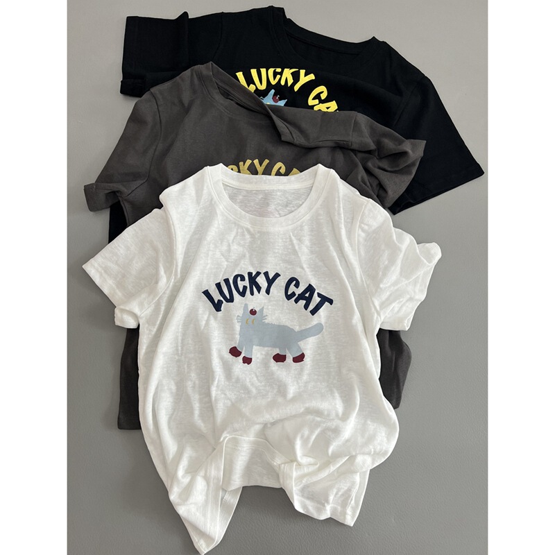 Hemp-Feel Cotton Burst, Completely Non-Picky Cat Print T-Shirt Summer New Round Neck Casual Short-Sleeved Top for Women